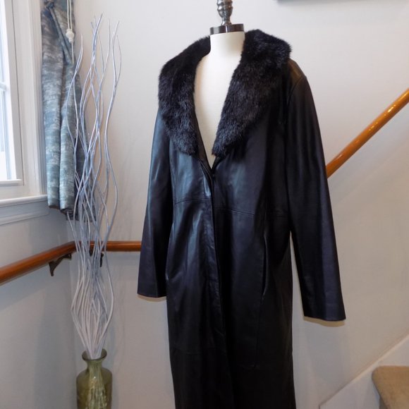 TERRY LEWIS Black Long Genuine Leather Coat Size Lage - Picture 3 of 3